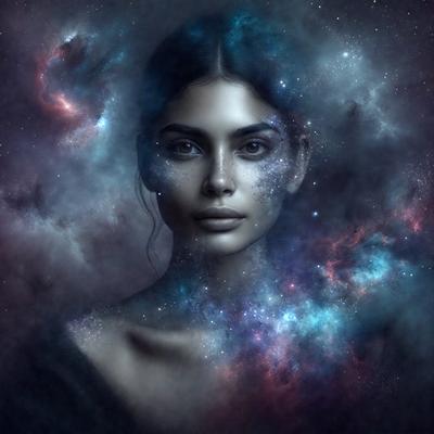 The primary subject of the image is a woman with a beautiful face, looking up at the night sky. The setting is a dark, star-filled sky, creating a serene and peaceful atmosphere. The visual style is a digital art or illustration, showcasing the woman's features and the celestial background. The colors and mood are predominantly dark and moody, with the starry sky providing a sense of wonder and tranquility.